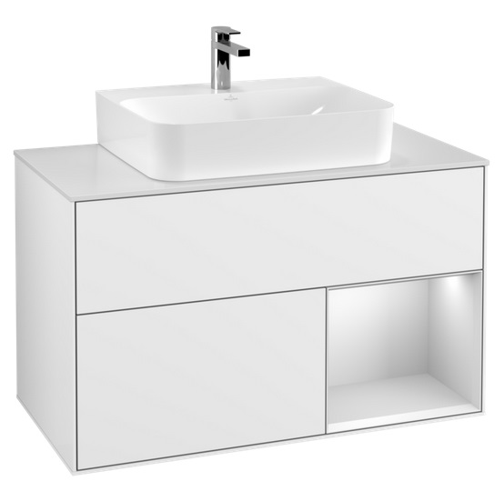 Тумба під раковину Villeroy & Boch Finion 100х50,1 см із підсвічуванням МДФ глянсовий білий лак/білий матовий лак/скло біле матове F121MTGF