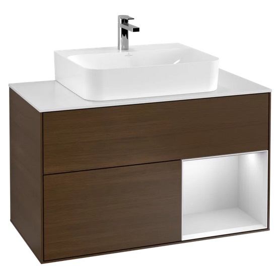 Тумба под раковину Villeroy & Boch Finion 100х50,1 см с подсветкой ДСП шпон грецкого ореха/белый матовый лак/стекло белое матовое F121MTGN