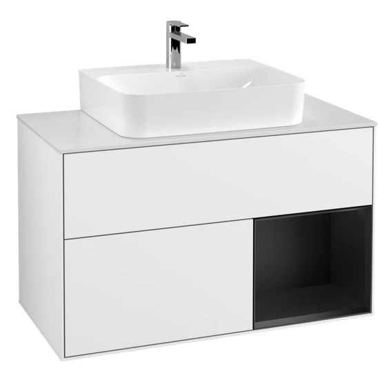 Тумба под раковину Villeroy & Boch Finion 100х50,1 см с подсветкой МДФ глянцевый белый лак/черный матовый лак/стекло белое матовое F121PDGF