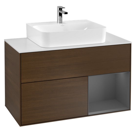 Тумба под раковину Villeroy & Boch Finion 100х50,1 см с подсветкой ДСП шпон грецкого ореха/антрацит матовый лак/стекло белое матовое  F121GKGN