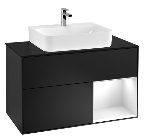 Тумба под раковину Villeroy & Boch Finion 100х50,1 см с подсветкой МДФ черный матовый лак/глянцевый белый лак/стекло черное матовое F122GFPD