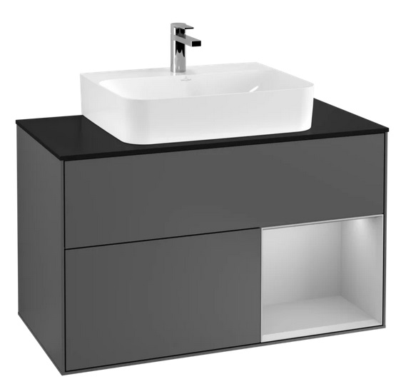 Тумба під раковину Villeroy & Boch Finion 100х50,1 см із підсвічуванням МДФ антрацит матовий лак/світло-сірий матовий лак/скло чорне матове F122GJGK