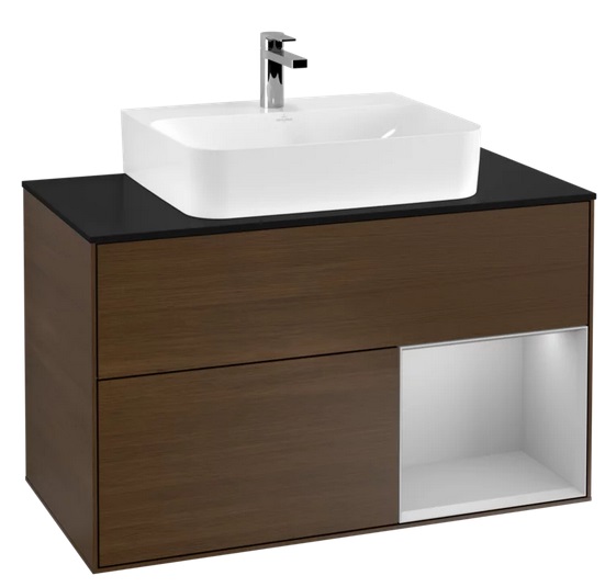 Тумба под раковину Villeroy & Boch Finion 100х50,1 см с подсветкой ДСП шпон грецкого ореха/светло-серый матовый лак/стекло черное матовое F122GJGN