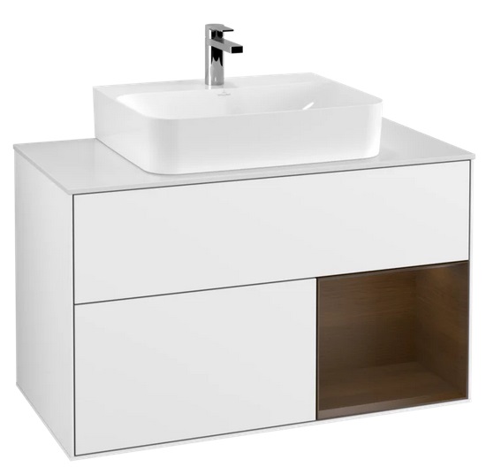 Тумба под раковину Villeroy & Boch Finion 100х50,1 см с подсветкой МДФ глянцевый белый лак/шпон грецкого ореха/стекло белое матовое F121GNGF