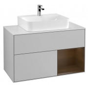 Тумба під раковину Villeroy & Boch Finion 100х50,1 см з підсвічуванням МДФ світло-сірий матовий лак/шпон волоського горіха/скло біле матове F121GNGJ