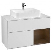 Тумба під раковину Villeroy & Boch Finion 100х50,1 см з підсвічуванням МДФ білий матовий лак/шпон волоського горіха/скло біле матове F121GNMT