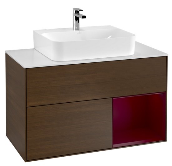 Тумба під раковину Villeroy & Boch Finion 100х50,1 см з підсвічуванням ДСП шпон волоського горіха/піон матовий лак/скло біле матове F121HBGN