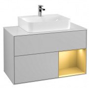 Тумба под раковину Villeroy & Boch Finion 100х50,1 см с подсветкой МДФ светло-серый матовый лак/золотой матовый лак/стекло белое матовое F121HFGJ