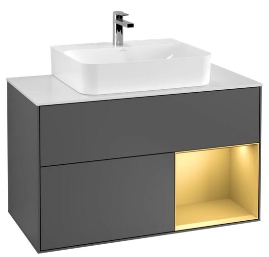 Тумба під раковину Villeroy & Boch Finion 100х50,1 см з підсвічуванням МДФ антрацит матовий лак/золотий матовий лак/скло біле матове F121HFGK