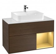 Тумба под раковину Villeroy & Boch Finion 100х50,1 см с подсветкой ДСП шпон грецкого ореха/золотой матовый лак/стекло белое матовое F121HFGN