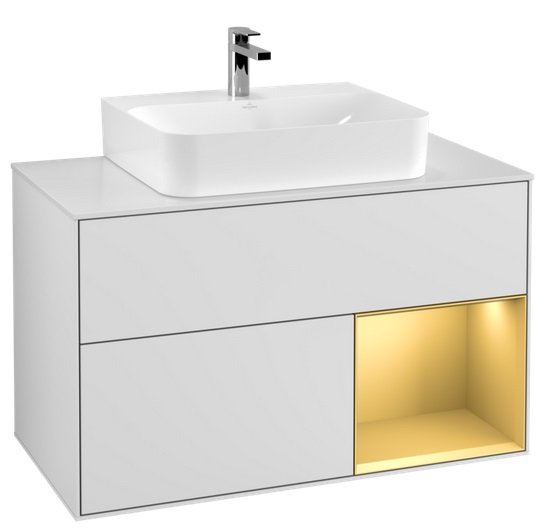 Тумба под раковину Villeroy & Boch Finion 100х50,1 см с подсветкой МДФ белый матовый лак/золотой матовый лак/стекло белое матовое F121HFMT