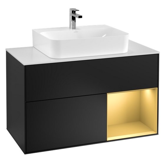 Тумба под раковину Villeroy & Boch Finion 100х50,1 см с подсветкой МДФ черный матовый лак/золотой матовый лак/стекло белое матовое F121HFPD