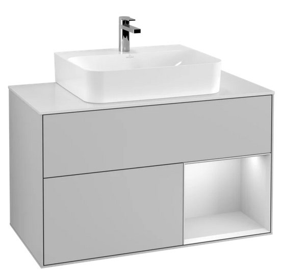 Тумба під раковину Villeroy & Boch Finion 100х50,1 см із підсвічуванням МДФ світло-сірий матовий лак/білий матовий лак/скло біле матове F121MTGJ