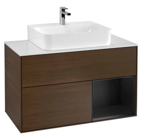 Тумба під раковину Villeroy & Boch Finion 100х50,1 см із підсвічуванням ДСП шпон волоського горіха/чорний матовий лак/скло біле матове F121PDGN