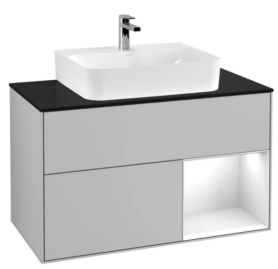 Тумба під раковину Villeroy & Boch Finion 100х50,1 см із підсвічуванням МДФ світло-сірий матовий лак/глянцевий білий лак/скло чорне матове F122GFGJ