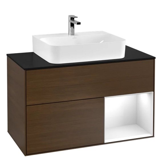 Тумба под раковину Villeroy & Boch Finion 100х50,1 см с подсветкой ДСП шпон грецкого ореха/глянцевый белый лак/стекло черное матовое F122GFGN