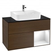 Тумба під раковину Villeroy & Boch Finion 100х50,1 см з підсвічуванням ДСП шпон волоського горіха/білий глянцевий лак/скло чорне матове F122GFGN