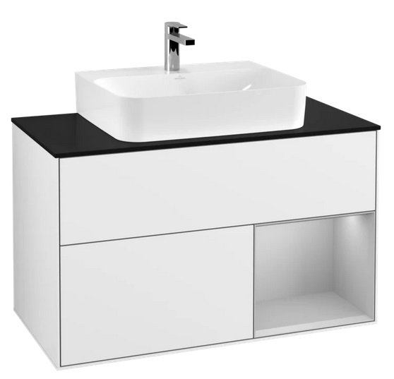 Тумба під раковину Villeroy & Boch Finion 100х50,1 см із підсвічуванням МДФ глянсовий білий лак/світло-сірий матовий лак/скло чорне матове F122GJGF