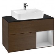 Тумба под раковину Villeroy & Boch Finion 100х50,1 см с подсветкой ДСП шпон грецкого ореха/светло-серый матовый лак/стекло черное матовое F122GJGN