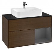 Тумба під раковину Villeroy & Boch Finion 100х50,1 см з підсвічуванням ДСП шпон волоського горіха/антрацит матовий лак/скло чорне матове F122GKGN