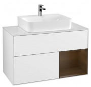 Тумба під раковину Villeroy & Boch Finion 100х50,1 см із підсвічуванням МДФ глянсовий білий лак/шпон волоського горіха/скло біле матове F121GNGF