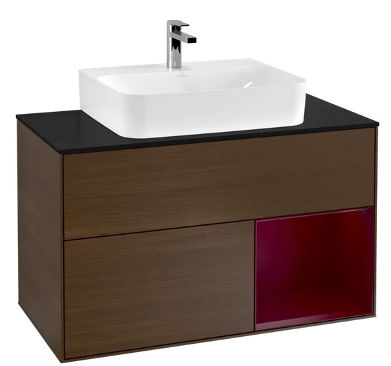 Тумба под раковину Villeroy & Boch Finion 100х50,1 см с подсветкой ДСП шпон грецкого ореха/пион матовый лак/стекло черное матовое F122HBGN