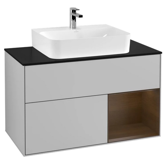 Тумба під раковину Villeroy & Boch Finion 100х50,1 см з підсвічуванням МДФ світло-сірий матовий лак/шпон волоського горіха/скло чорне матове F122GNGJ