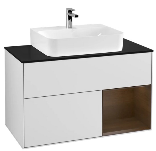 Тумба под раковину Villeroy & Boch Finion 100х50,1 см с подсветкой МДФ белый матовый лак/шпон грецкого ореха/стекло черное матовое F122GNMT