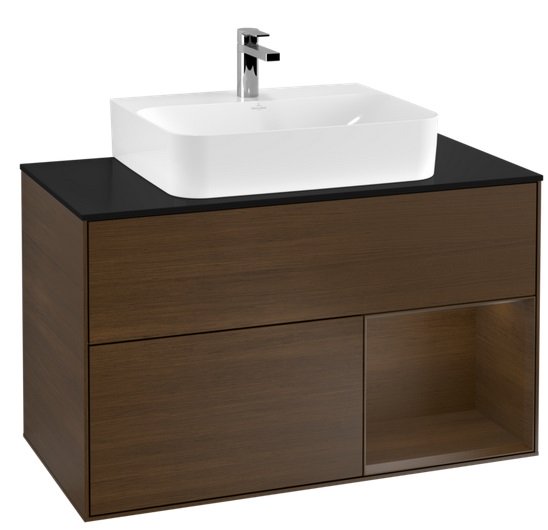 Тумба под раковину Villeroy & Boch Finion 100х50,1 см с подсветкой ДСП шпон грецкого ореха/стекло черное матовое F122GNGN