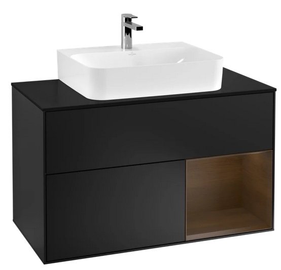 Тумба под раковину Villeroy & Boch Finion 100х50,1 см с подсветкой МДФ черный матовый лак/шпон грецкого ореха/стекло черное матовое F122GNPD