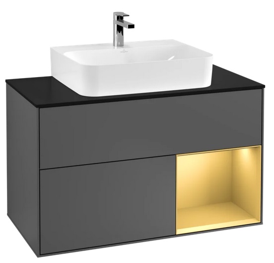 Тумба под раковину Villeroy & Boch Finion 100х50,1 см с подсветкой МДФ антрацит матовый лак/золотой матовый лак/стекло черное матовое F122HFGK