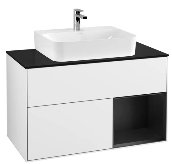 Тумба под раковину Villeroy & Boch Finion 100х50,1 см с подсветкой МДФ глянцевый белый лак/черный матовый лак/стекло черное матовое F122PDGF