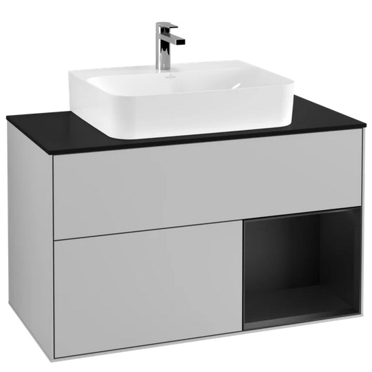 Тумба під раковину Villeroy & Boch Finion 100х50,1 см із підсвічуванням МДФ світло-сірий матовий лак/чорний матовий лак/скло чорне матове F122PDGJ