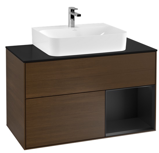 Тумба под раковину Villeroy & Boch Finion 100х50,1 см с подсветкой ДСП шпон грецкого ореха/черный матовый лак/стекло черное матовое F122PDGN