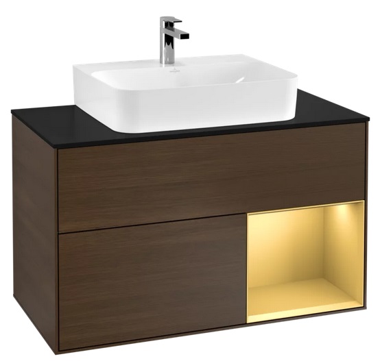 Тумба под раковину Villeroy & Boch Finion 100х50,1 см с подсветкой ДСП шпон грецкого ореха/золотой матовый лак/стекло черное матовое F122HFGN