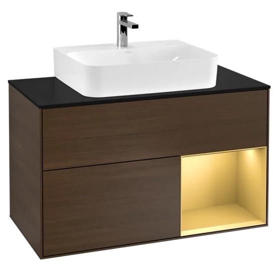 Тумба під раковину Villeroy & Boch Finion 100х50,1 см з підсвічуванням ДСП шпон волоського горіха/золотий матовий лак/скло чорне матове F122HFGN