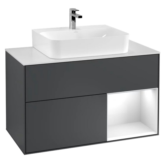 Тумба под раковину Villeroy & Boch Finion 100х50,1 см с подсветкой МДФ темно-синий матовый лак/глянцевый белый лак/стекло белое матовое F121GFHG