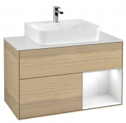 Тумба под раковину Villeroy & Boch Finion 100х50,1 см с подсветкой ДСП шпон дуба/глянцевый белый лак/стекло белое матовое F121GFPC