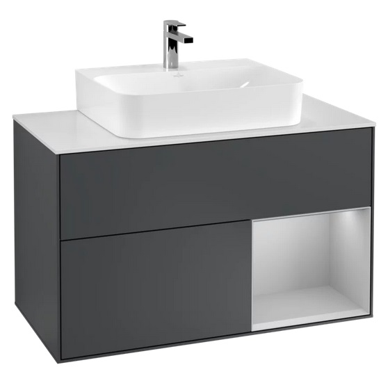 Тумба под раковину Villeroy & Boch Finion 100х50,1 см с подсветкой МДФ темно-синий матовый лак/светло-серый матовый лак/стекло белое матовое F121GJHG