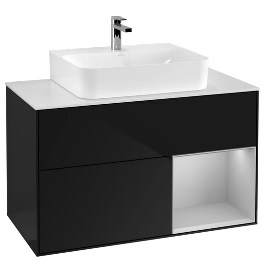 Тумба під раковину Villeroy & Boch Finion 100х50,1 см із підсвічуванням МДФ глянсовий чорний лак/світло-сірий матовий/скло біле матове F121GJPH