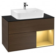 Тумба под раковину Villeroy & Boch Finion 100х50,1 см с подсветкой ДСП шпон грецкого ореха/золотой матовый лак/стекло черное матовое F122HFGN