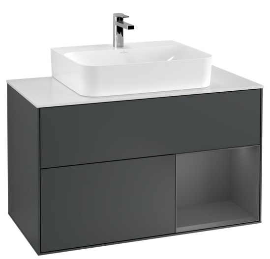 Тумба під раковину Villeroy & Boch Finion 100х50,1 см із підсвічуванням МДФ темно-синій матовий лак/антрацит матовий лак/скло біле матове F121GKHG
