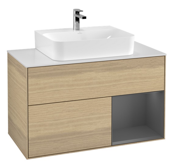 Тумба під раковину Villeroy & Boch Finion 100х50,1 см з підсвічуванням ДСП шпон дуба/антрацит матовий лак/скло біле матове F121GKPC