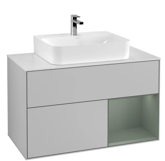 Тумба під раковину Villeroy & Boch Finion 100х50,1 см із підсвічуванням МДФ світло-сірий матовий лак/оливковий матовий лак/скло біле матове F121GMGJ
