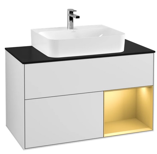 Тумба под раковину Villeroy & Boch Finion 100х50,1 см с подсветкой МДФ белый матовый лак/золотой матовый лак/стекло черное матовое F122HFMT