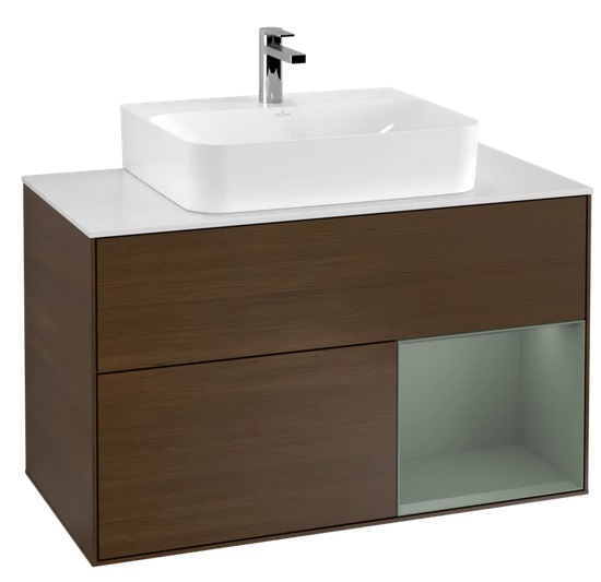 Тумба под раковину Villeroy & Boch Finion 100х50,1 см с подсветкой ДСП шпон грецкого ореха/оливковый матовый лак/стекло белое матовое F121GMGN