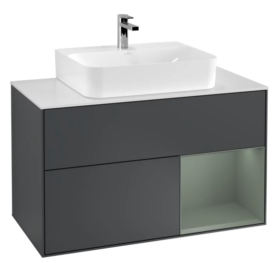 Тумба под раковину Villeroy & Boch Finion 100х50,1 см с подсветкой МДФ темно-синий матовый лак/оливковый матовый лак/стекло белое матовое F121GMHG