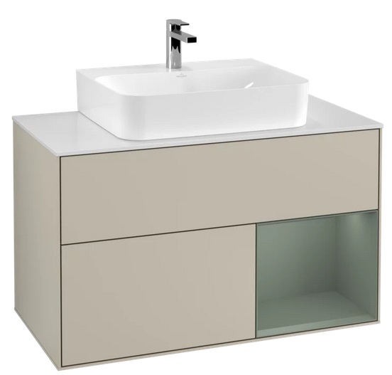 Тумба под раковину Villeroy & Boch Finion 100х50,1 см с подсветкой МДФ песок матовый лак/оливковый матовый лак/стекло белое матовое F121GMHH