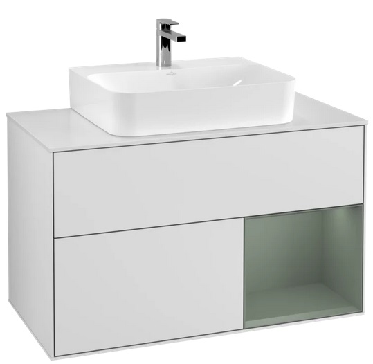 Тумба під раковину Villeroy & Boch Finion 100х50,1 см із підсвічуванням МДФ білий матовий лак/оливковий матовий лак/скло біле матове F121GMMT