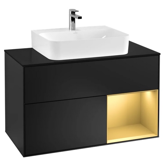 Тумба под раковину Villeroy & Boch Finion 100х50,1 см с подсветкой МДФ черный матовый лак/золотой матовый лак/стекло черное матовое F122HFPD